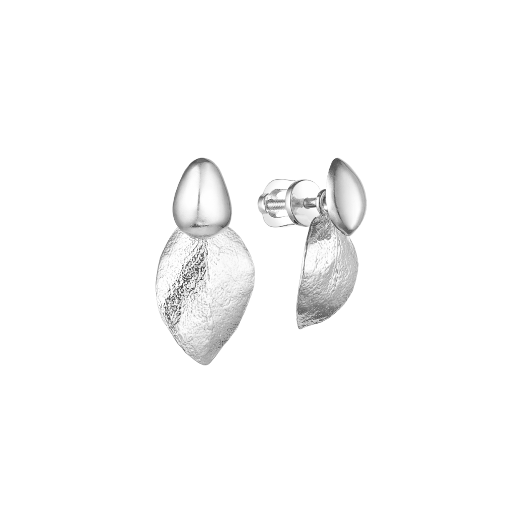 Серьги-джекеты из серебра асимметричные "Лист эвкалипта"