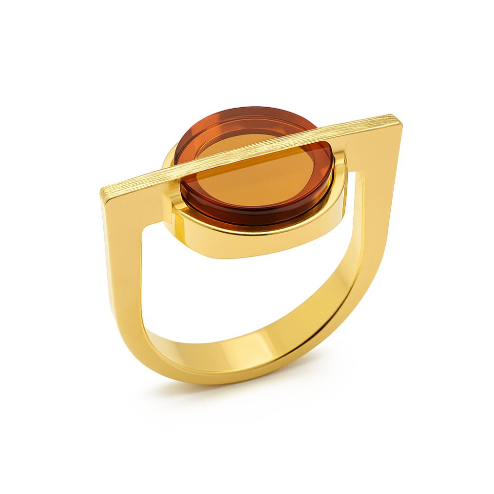 Кольцо тонкое позолоченное из серебра с янтарем