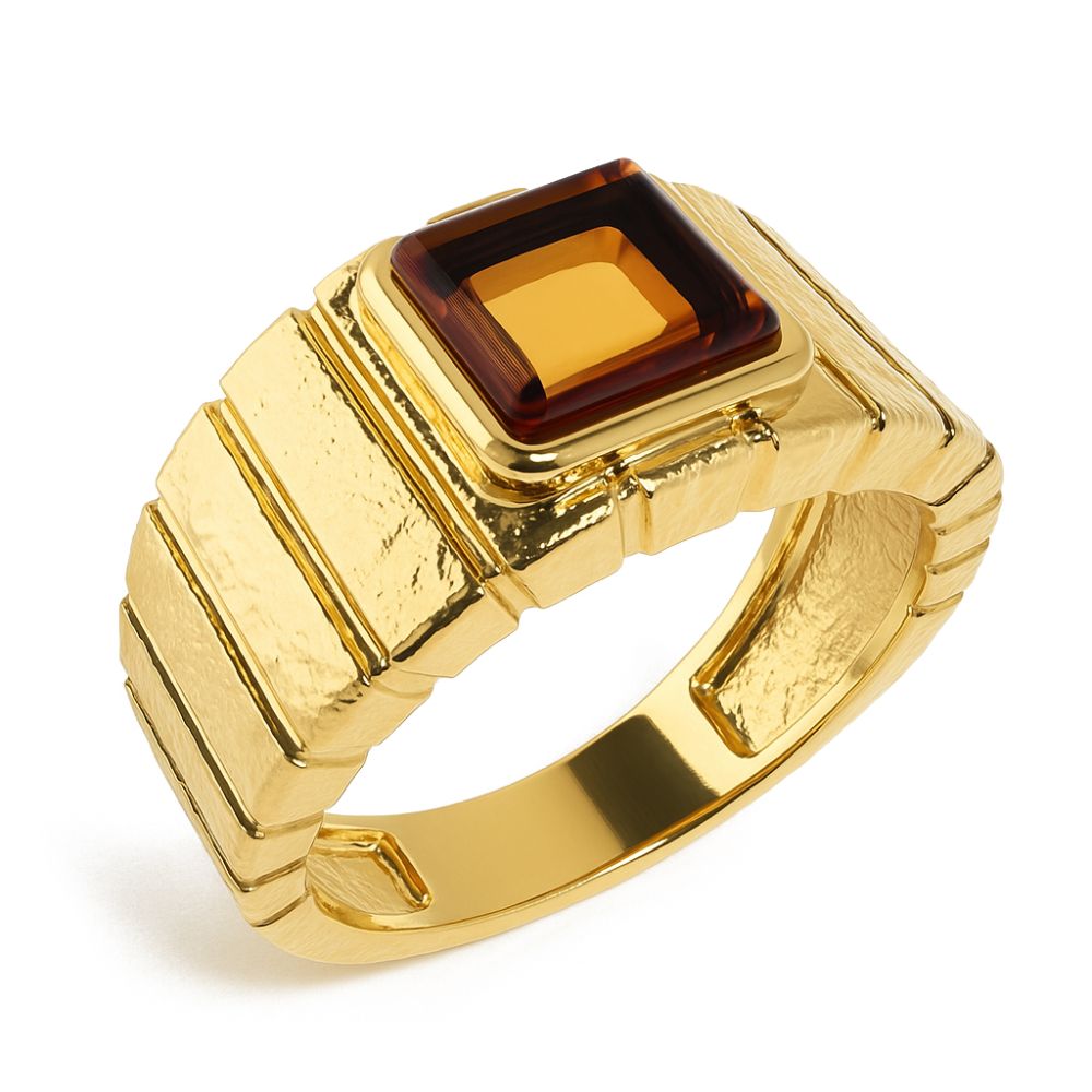 Кольцо широкое позолоченное из серебра с янтарем