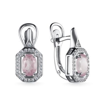 Серьги из серебра с розовым кварцем и фианитами