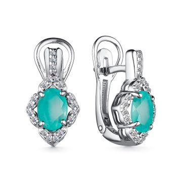 Серьги из серебра с мятным агатом и фианитами