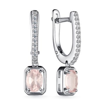 Серьги из серебра с розовым кварцем и фианитами
