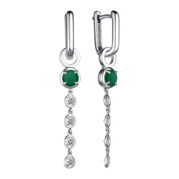 Серьги из серебра с зелёным агатом и фианитами