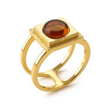 Кольцо широкое позолоченное из серебра с янтарем