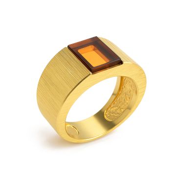 Кольцо широкое позолоченное из серебра с янтарем