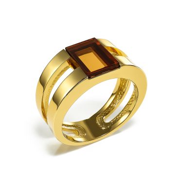 Кольцо широкое позолоченное из серебра с янтарем