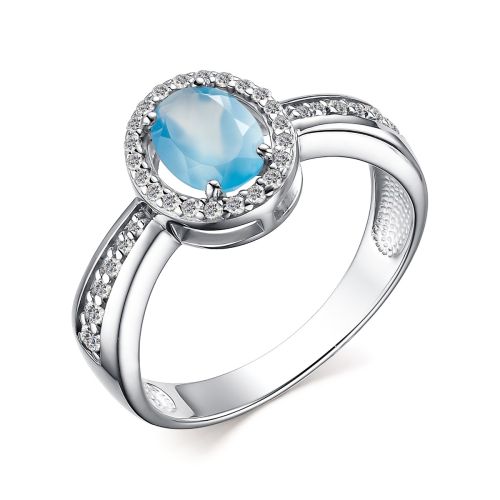 Кольцо из серебра с голубым агатом и фианитами
