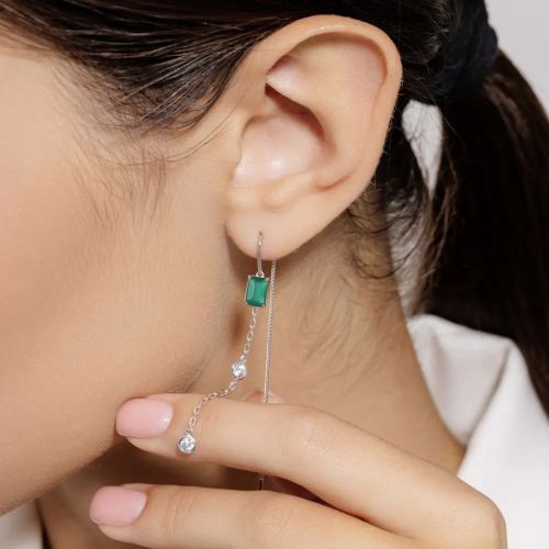 Серьги из серебра с зелёным агатом и фианитами