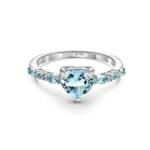 Кольцо с топазом Sky Blue в форме сердца и дорожкой камней